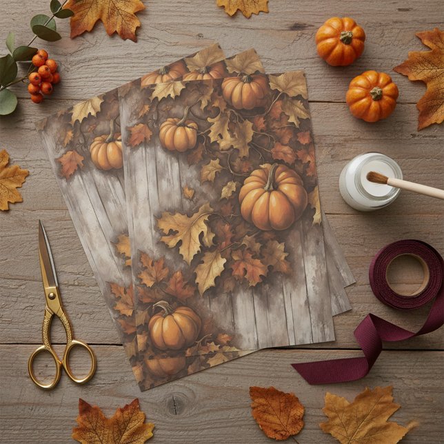 Cozy Autumn Rustic Pumpkins Fall Leaves on Wood Tissue Paper (Creator Uploaded)