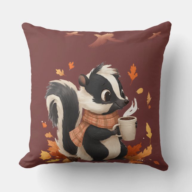Cozy Autumn Skunk Throw Pillow - Cute Fall Forest  (Front)
