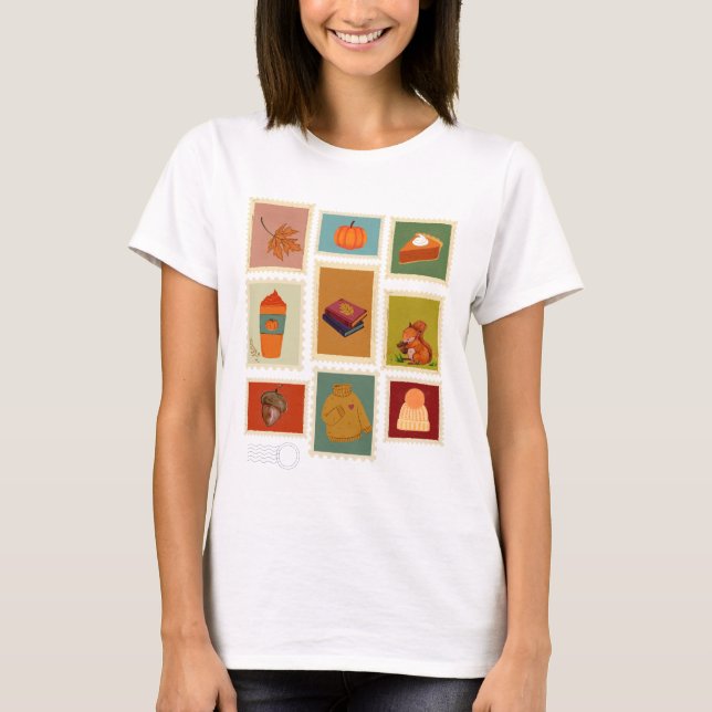 Cozy Autumn Stamp Collage Fall Aesthetic T-Shirt (Front)