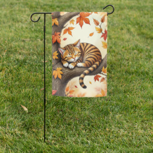 Cozy Autumn Tabby Cat Sleeping in Fall Leaves Garden Flag
