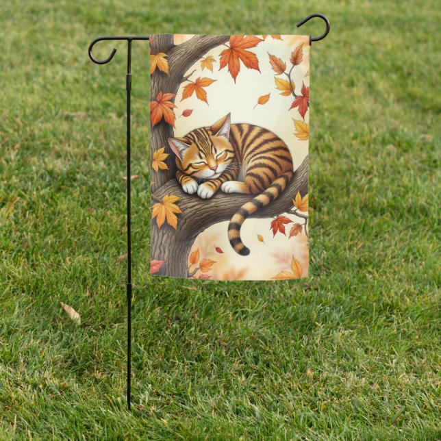 Cozy Autumn Tabby Cat Sleeping in Fall Leaves Garden Flag (In SItu)