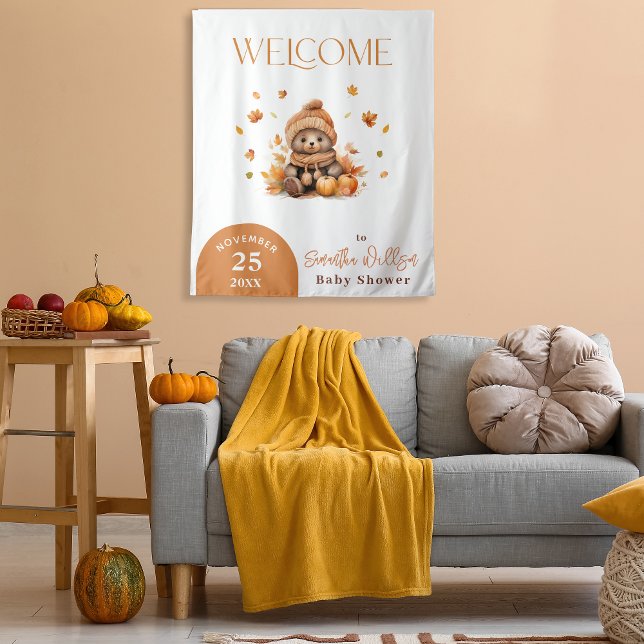 Cozy Autumn Teddy Bear Baby Shower Welcome Tapestry (Creator Uploaded)