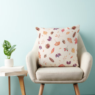 Cozy Autumn Watercolor Leaves & Acorns Pattern Throw Pillow