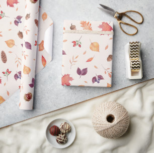 Cozy Autumn Watercolor Leaves & Acorns Pattern Wrapping Paper