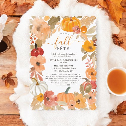 Cozy Autumn Watercolor Pumpkin Floral Fall Fte Invitation