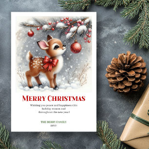 Cozy Baby Deer Snowy Forest Watercolor Christmas  Holiday Card