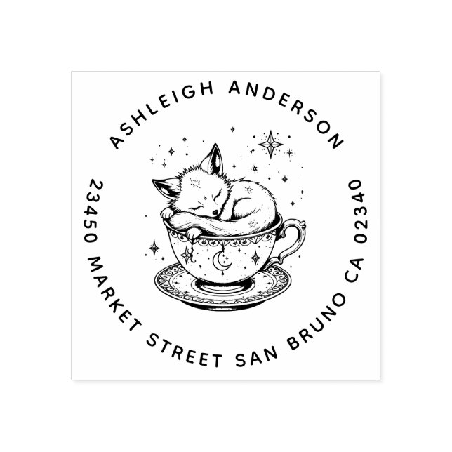 Cozy Baby Fox Snuggled Teacup Moon Stars Address Rubber Stamp (Imprint)