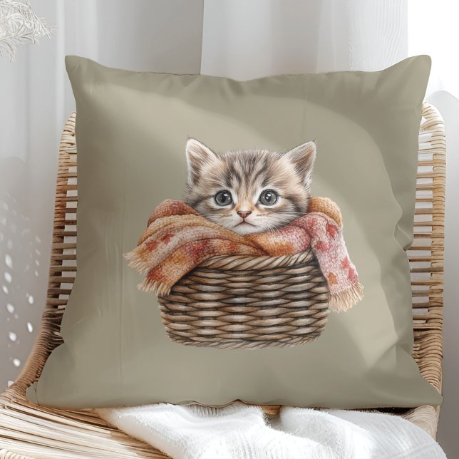 Cozy Basket Cat Pillow – Olive Taupe Edition (Cozy Basket Cat Pillow – Olive Taupe Edition in a sunny boho rattan chair.)
