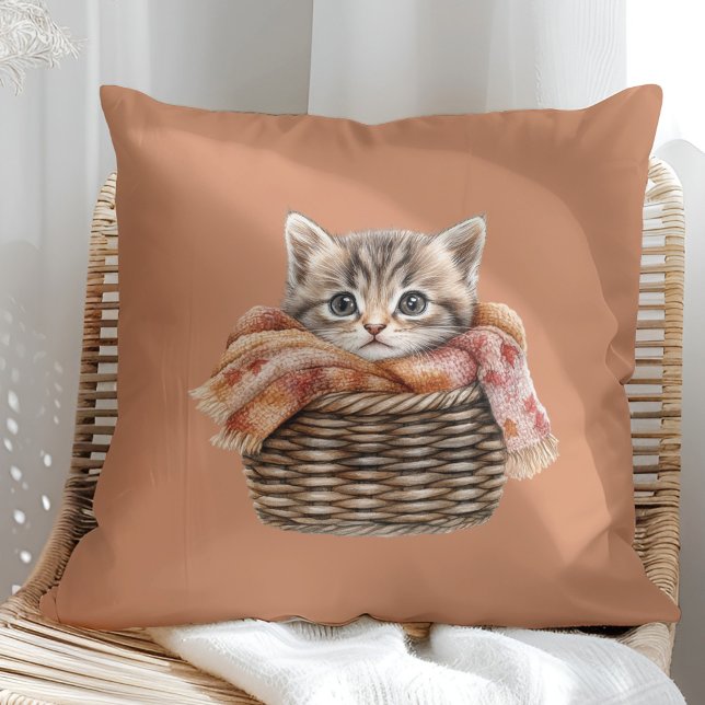 Cozy Basket Cat Pillow – Terracotta Edition (Cozy Basket Cat Pillow – Terracotta Edition in a sunny boho rattan chair.)