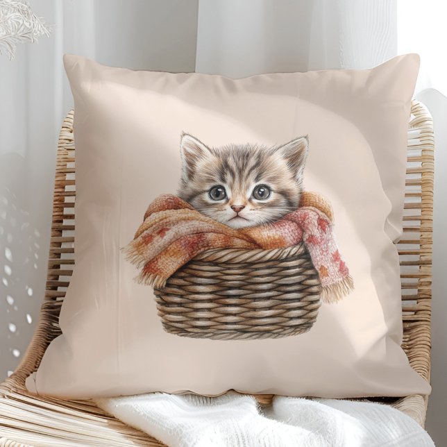 Cozy Basket Cat Pillow – Warm Cream Edition (Cozy Basket Cat Pillow – Warm Cream Edition in a sunny boho rattan chair)