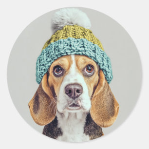 Cozy Beagle in a Winter Knit Hat Classic Round Sticker