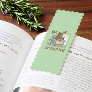 Cozy Bear Reading 'Forest Tales' with Cute Sleepin Bookmarks