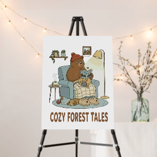 Cozy Bear Reading 'Forest Tales' with Cute Sleepin Foam Board