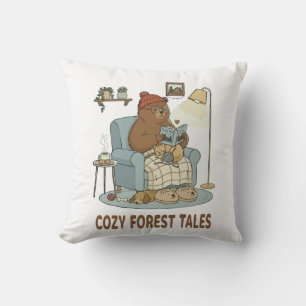 Cozy Bear Reading 'Forest Tales' with Cute Sleepin Throw Pillow