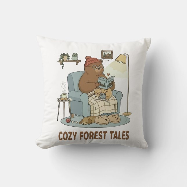 Cozy Bear Reading 'Forest Tales' with Cute Sleepin Throw Pillow (Front)