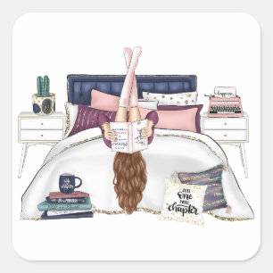 Cozy Bedroom Reading Scene Artwork for Book Lovers Square Sticker
