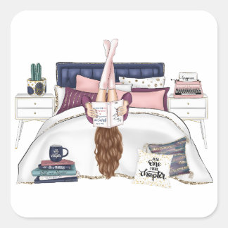 Cozy Bedroom Reading Scene Artwork for Book Lovers Square Sticker