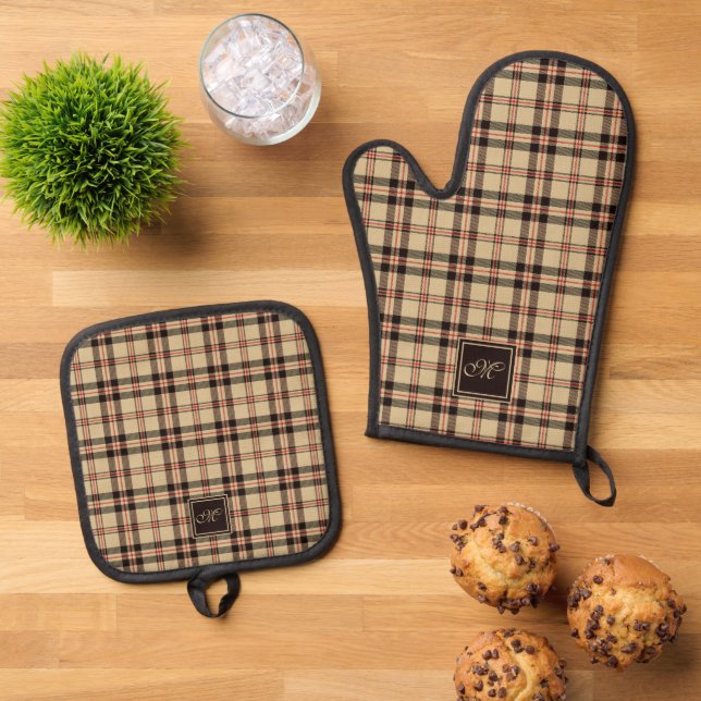 Cozy Beige Charcoal Grey Tartan Monogrammed Oven Mitt & Pot Holder Set (Top Down)