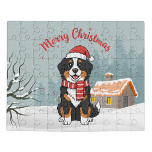 Cozy Bernese Mountain Dog in Snowy Christmas Scene Jigsaw Puzzle
