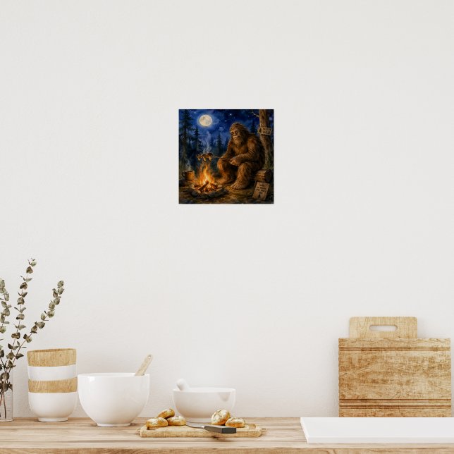 Cozy Bigfoot Campfire Mushroom Roasting Design Poster (Kitchen)
