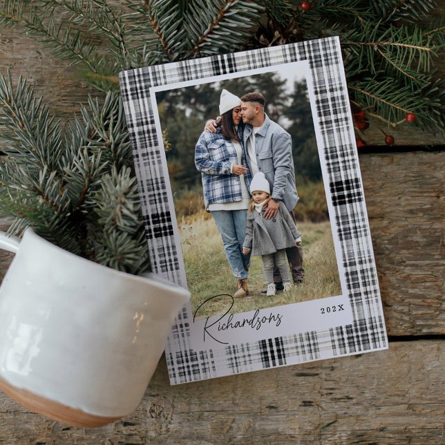 Cozy Black and White Plaid Flannel Family Photo Holiday Card (Cozy Black and White Plaid Flannel Family Photo Holiday Card)