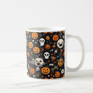 Cozy Black Background Ghost & Pumpkin All-Over Pat Coffee Mug