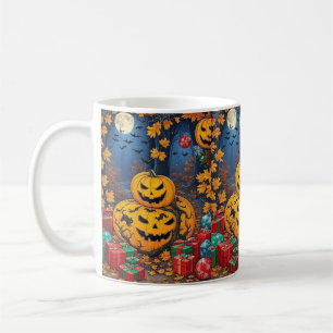 Cozy Black Background Ghost & Pumpkin All-Over Pat Coffee Mug