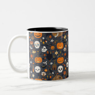 Cozy Black Background Ghost & Pumpkin All-Over Pat Two-Tone Coffee Mug