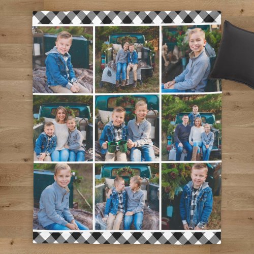 Cozy Black Buffalo Plaid Holiday Photo Collage Fleece Blanket