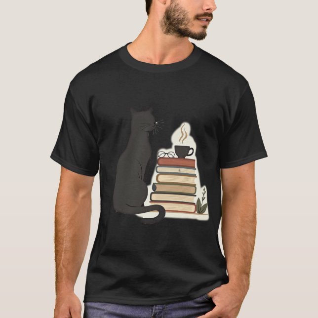 Cozy Black Cat Book Lover Coffee and Reading T-Shirt (Front)
