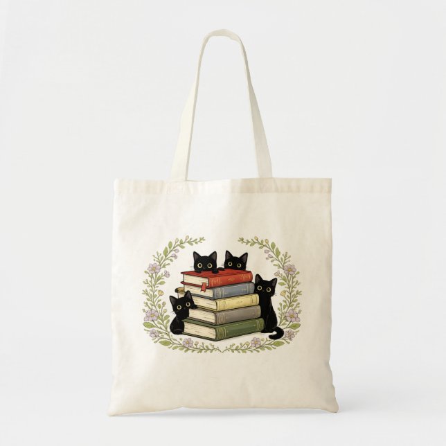 Cozy Black Cat Book Stack Botanical Wreath Art Tote Bag (Front)