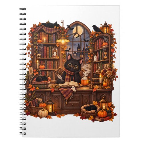Cozy Black Cat Bookshop Halloween Notebook