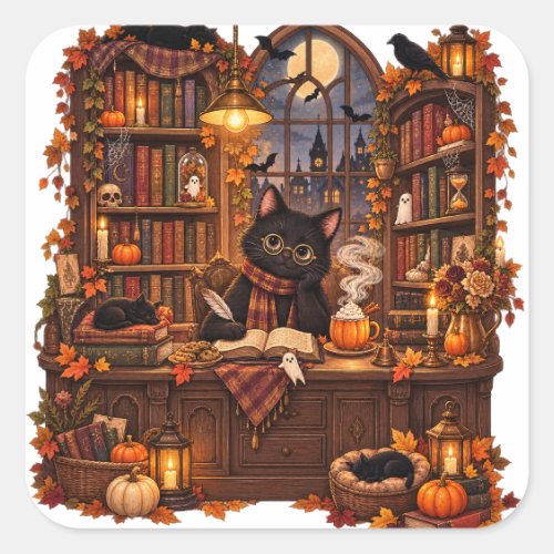 Cozy Black Cat Bookshop Halloween Square Sticker