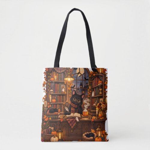 Cozy Black Cat Bookshop Halloween Tote Bag