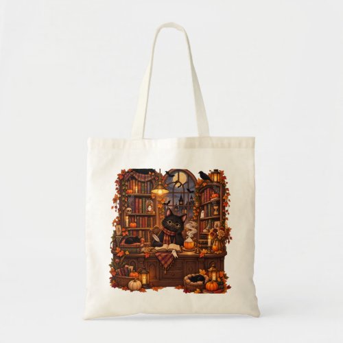 Cozy Black Cat Bookshop Halloween Tote Bag