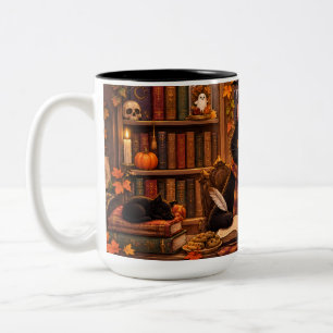 Cozy Black Cat Bookshop Halloween Two-Tone Coffee Mug