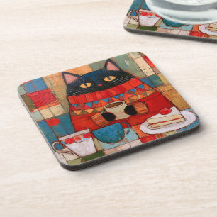 Cozy Black Cat Drinking Coffee At Cafe Beverage Coaster
