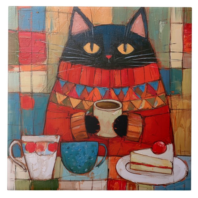 Cozy Black Cat Drinking Coffee At Cafe Ceramic Tile (Front)