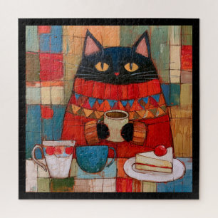 Cozy Black Cat Drinking Coffee At Cafe Jigsaw Puzzle