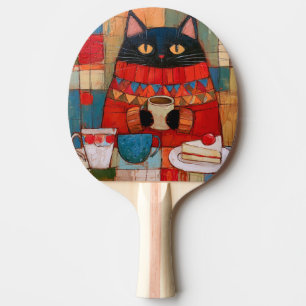 Cozy Black Cat Drinking Coffee At Cafe Ping Pong Paddle
