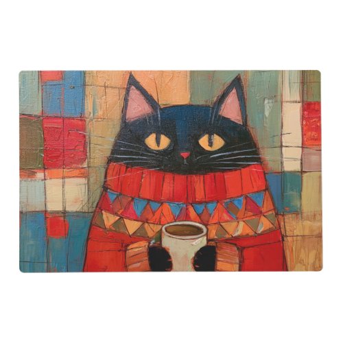 Cozy Black Cat Drinking Coffee At Cafe Placemat
