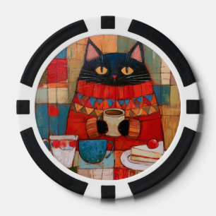 Cozy Black Cat Drinking Coffee At Cafe Poker Chips