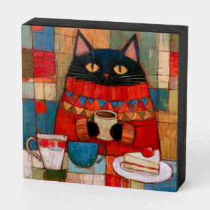Cozy Black Cat Drinking Coffee At Cafe Wooden Box Sign