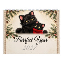 Cozy Black Cat Family 2027 Wall Calendar - Cute