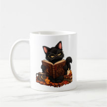 Cozy Black Cat Reading Book Mug - Fall Halloween B