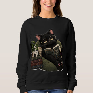 Cozy Black Cat Reading Book Sweatshirt - Cat Lover