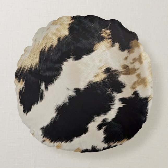 Cozy Black Cream Gold Southwest Cowhide Round Pillow (Front)