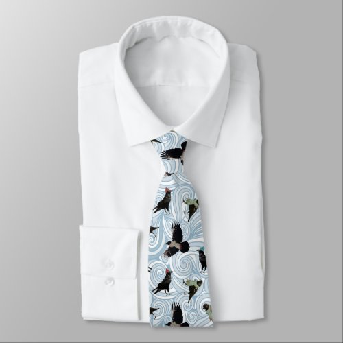 Cozy Black Crows On Light Blue Windy Winter Swirls Neck Tie