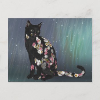 Cozy Black Daisy Cat Postcard by TheWhimsicalPost at Zazzle