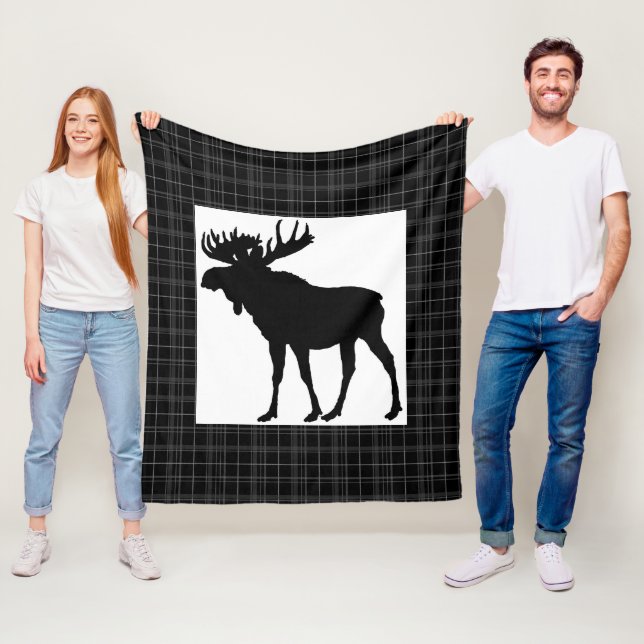  Cozy Black Plaid  Moose Design Fleece Blanket (In Situ)